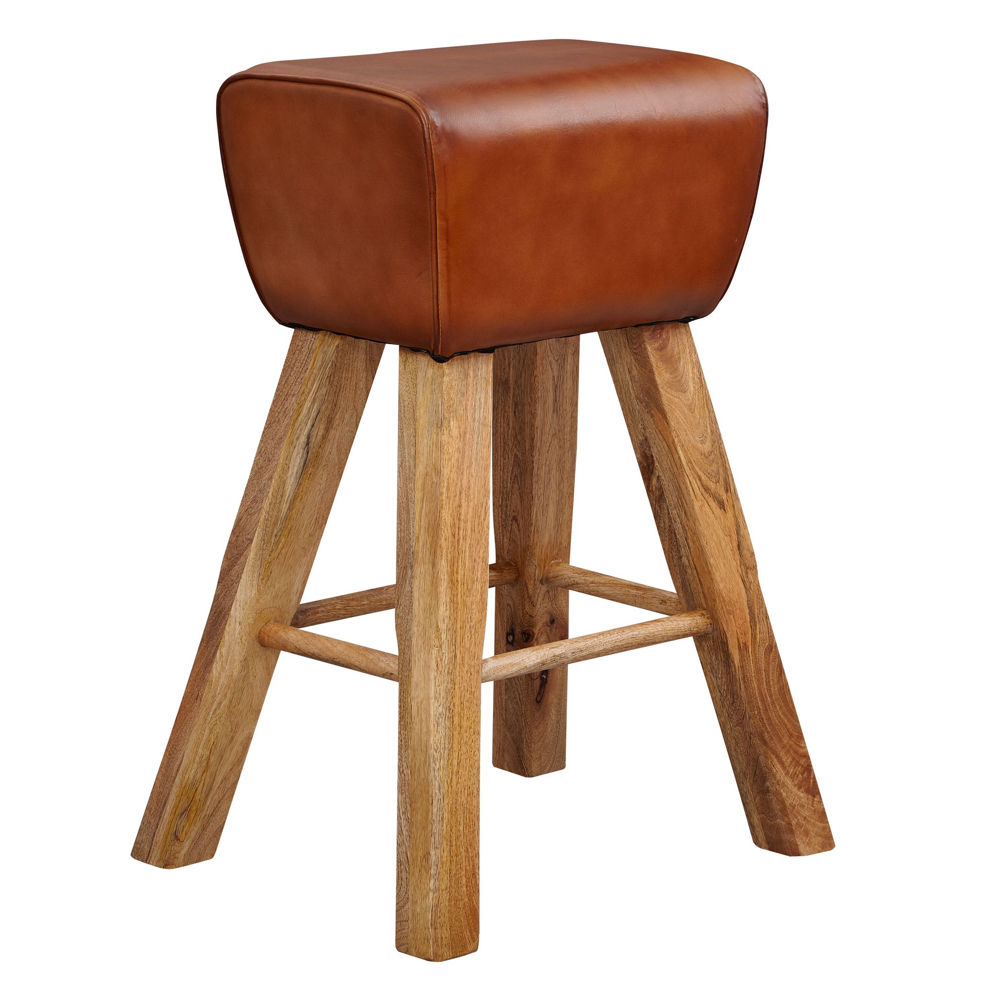 KADIMA DESIGN Sportlicher Turnbock-Barhocker, Ziegenleder und Mango Massivholz, 43x75x43 cm, dunkelbraun.