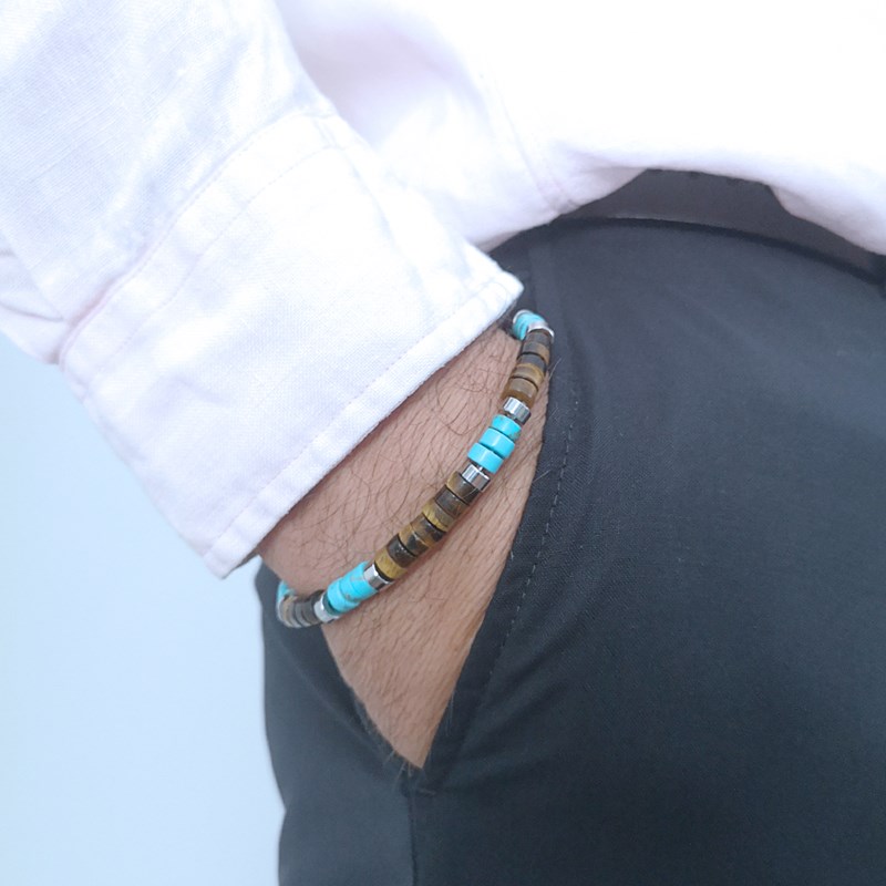 Bracelet Perles Heishi Pierres Naturelles oeil De Tigre Et Turquoise-enfant-12cm