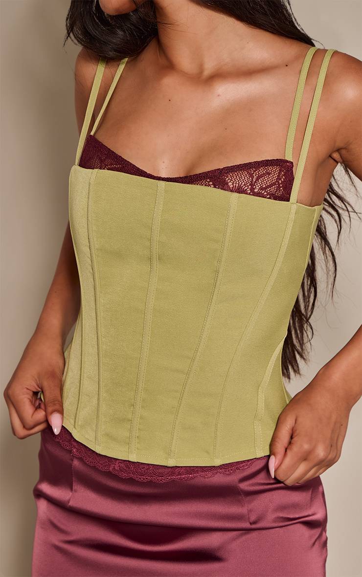 Chartreuse Corset À Bretelles En Tissage Avec Détail De Dentelle Contrastée