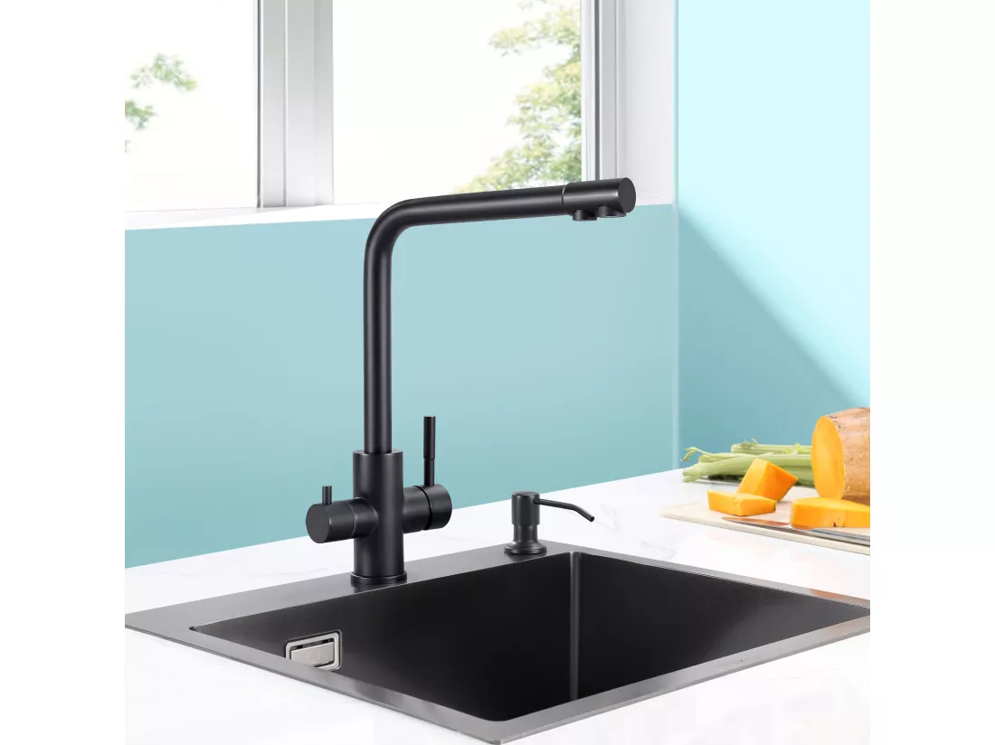 Cecipa max Noir Robinet de Cuisine à 3 Voies, 3 en 1 Mitigeur de Cuisine pour Système D'osmose + Distributeur de Savon de Cuisine Brossée