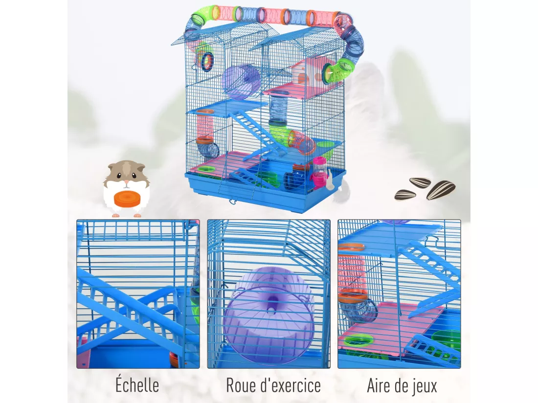 Cage pour Hamster Souris Petit Animaux Rongeur avec Tunnel Mangeoire Roue Jouet 47 x 30 x 59 cm cm Bleu