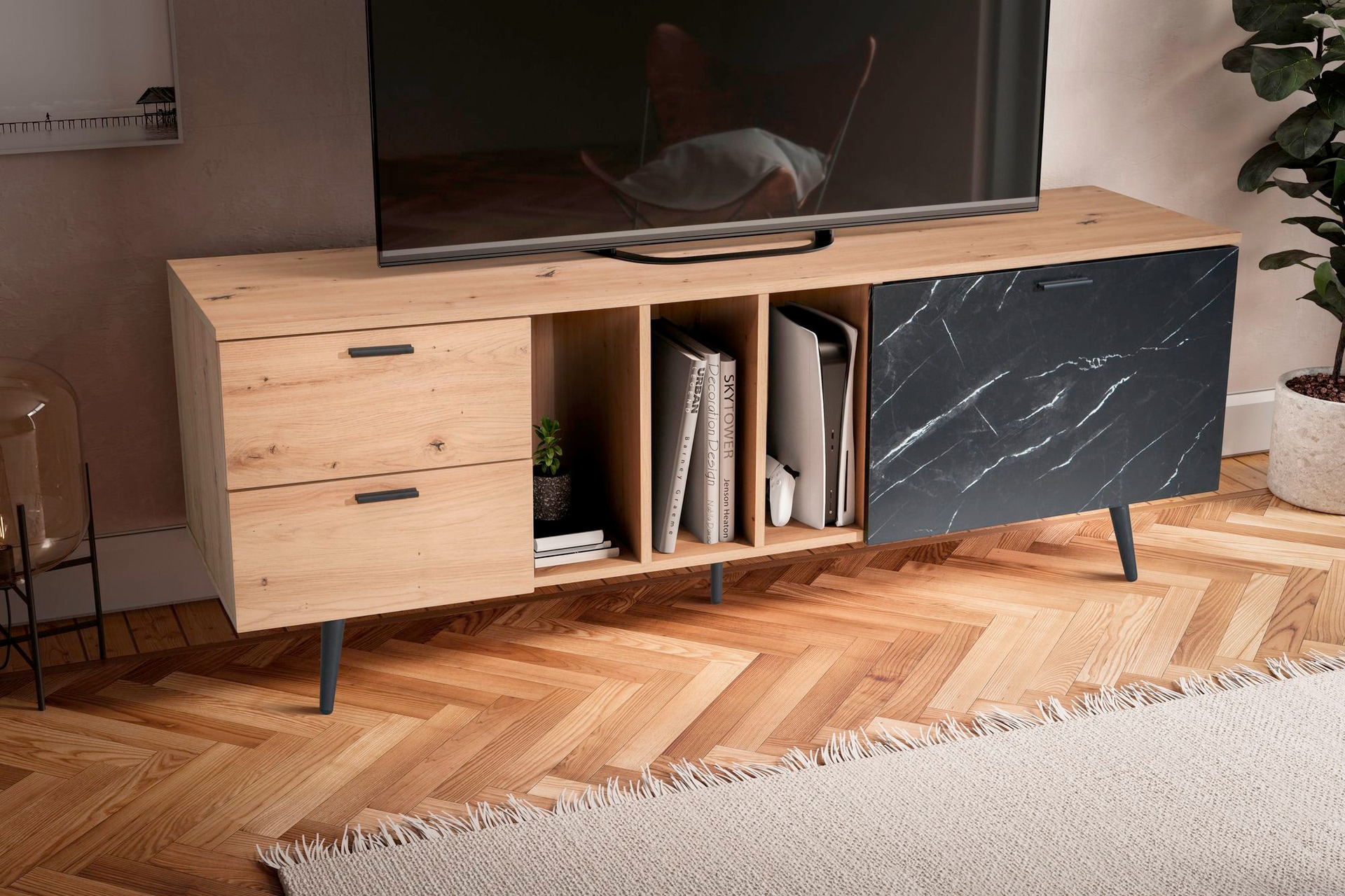 Lowboard 150 x 55 cm Eiche-Dekor/Marmor-Optik