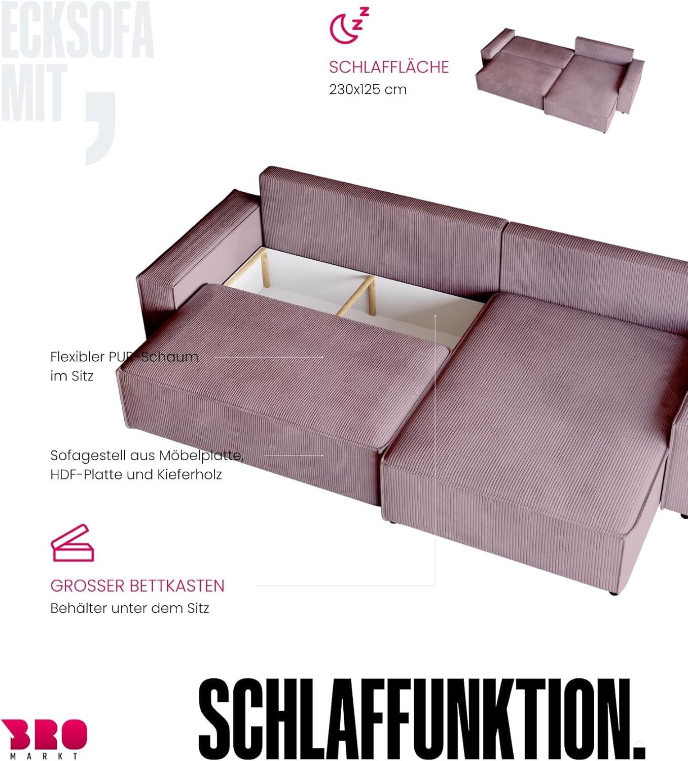 BROMARKT Sofa mit Schlaffunktion Couch L Cordstoff Sofa Bettkasten Schlafsofa für Wohnzimmer Ecksofa freistehend Adi XL Relaxsofa 3 sitzer 272x143x85 cm Hellgrau