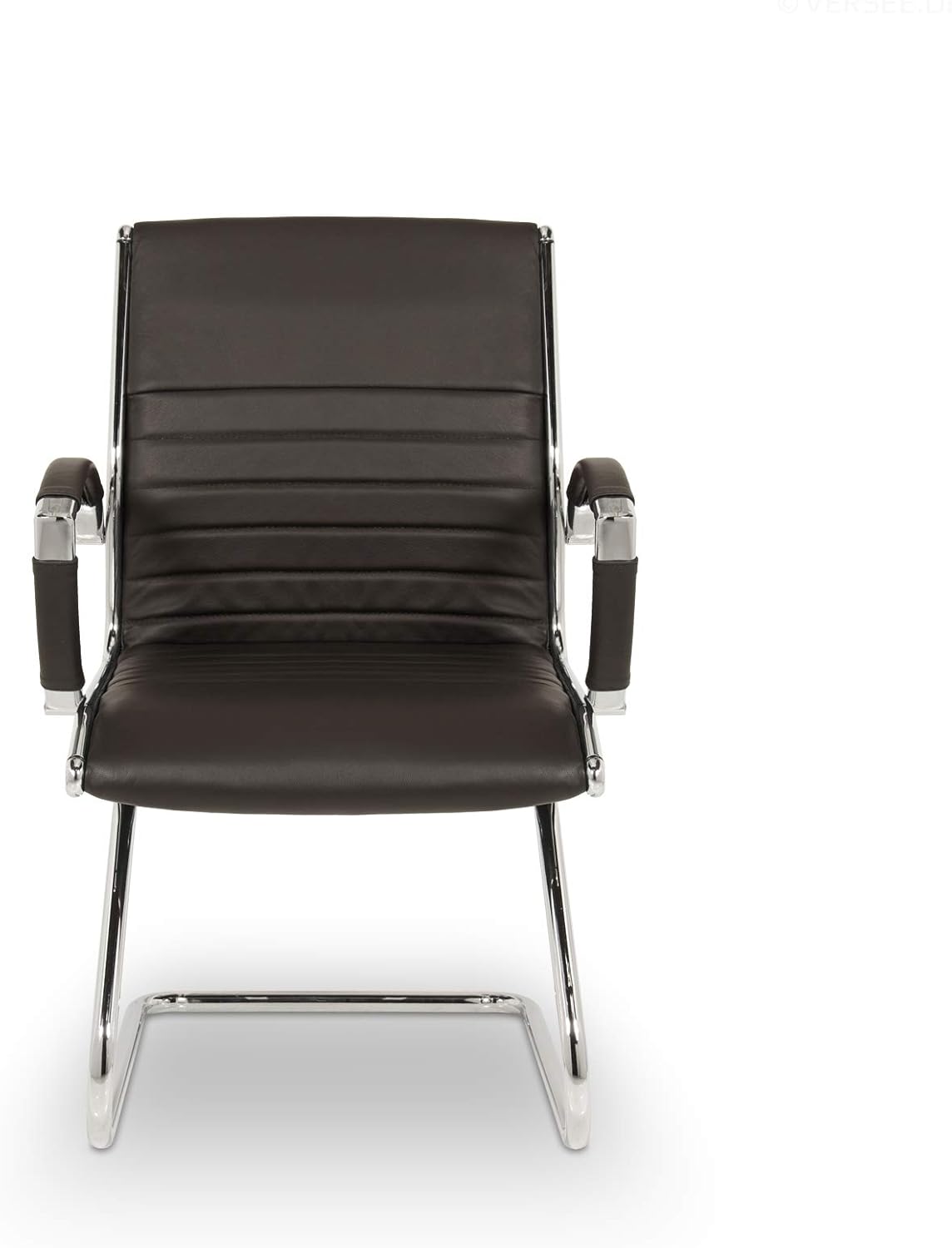 VERSEE Premium Echt-Leder Besucherstuhl Montreal in Braun mit Armlehne - Freischwinger mit Chrom für Büro und Konferenzräume - Belastbar bis 150kg