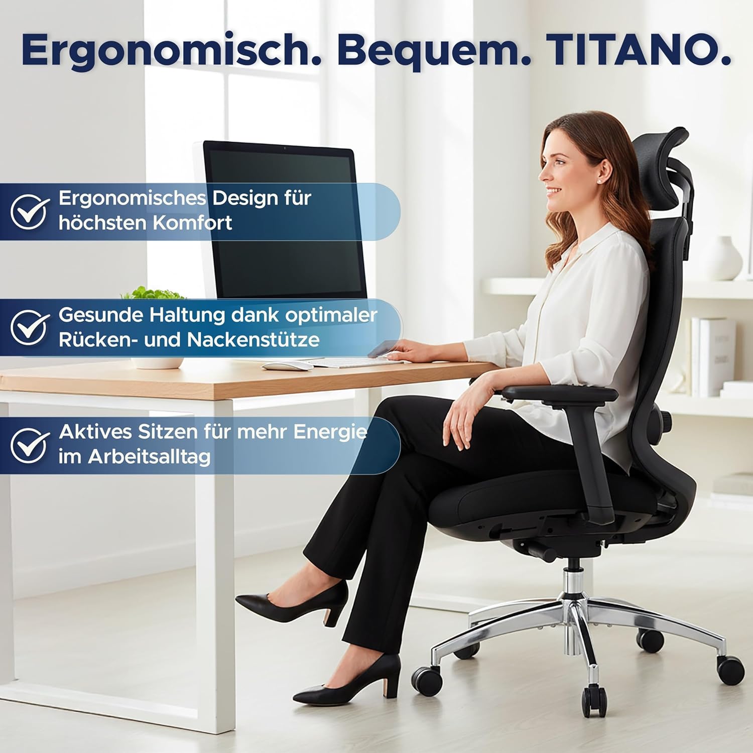 TITANO E5 | Ergonomischer Bürostuhl mit Neigungsfunktion, 4D-Armlehnen, Lendenwirbelstütze & Kopfstütze – Drehstuhl für Home Office & Büro | 150 kg Belastbar | Ergonomic Schreibtischstuhl