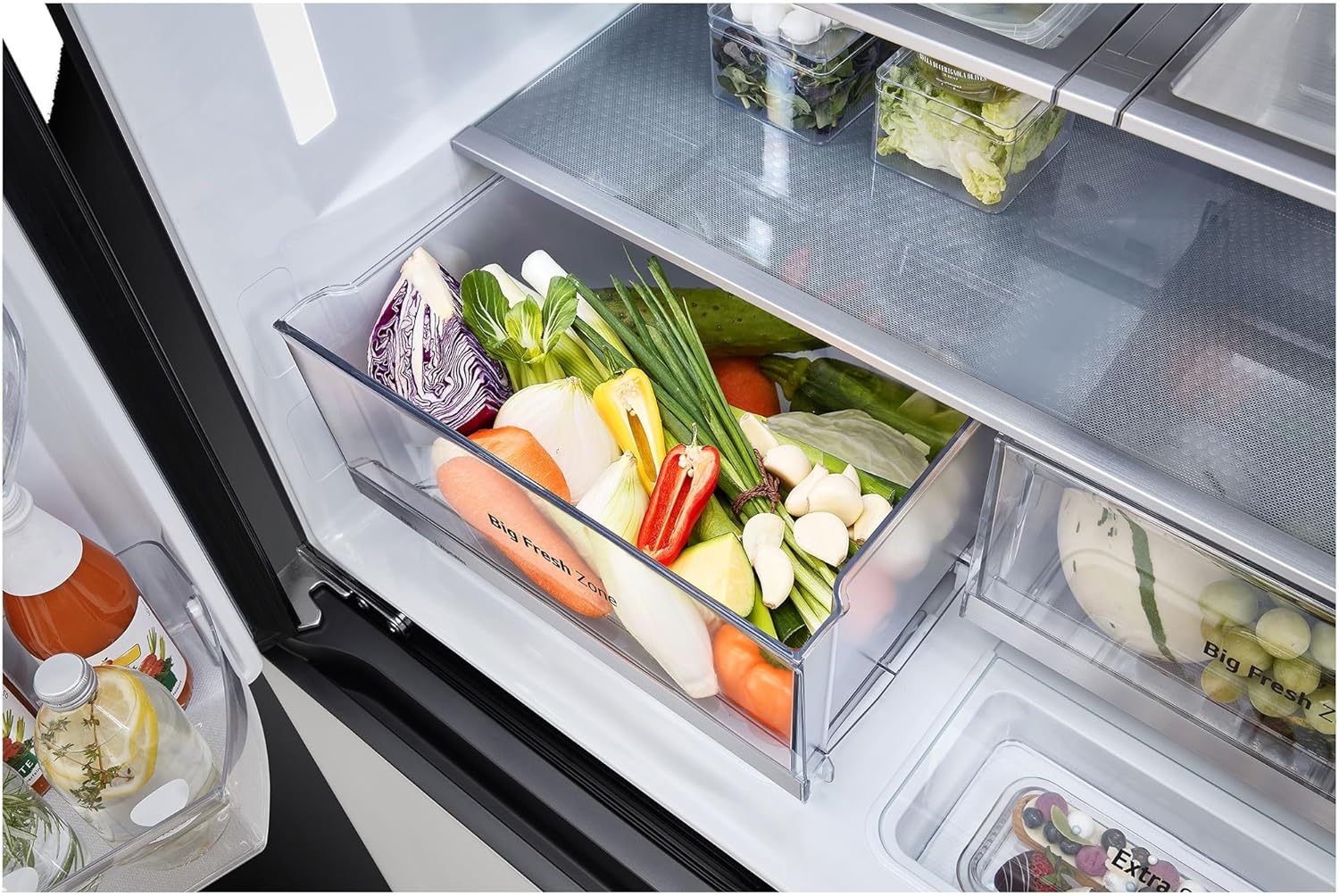 LG GMV960NNME, Klasse E, 617 L, MoodUp Multi-Door Kühlschrank mit InstaView, indivuell einstellbarer Farbänderungen, Musik Kollektion, LCD Display, Total No-Frost, Kompressor mit 10 Jahren Garantie