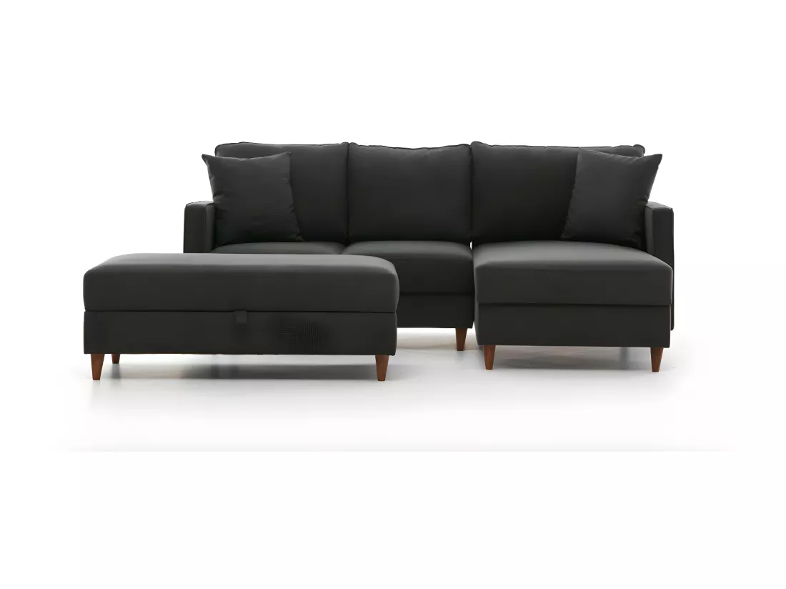 Canapé d'angle à droite convertible avec pouf-coffre Evania Tissu Gris anthracite
