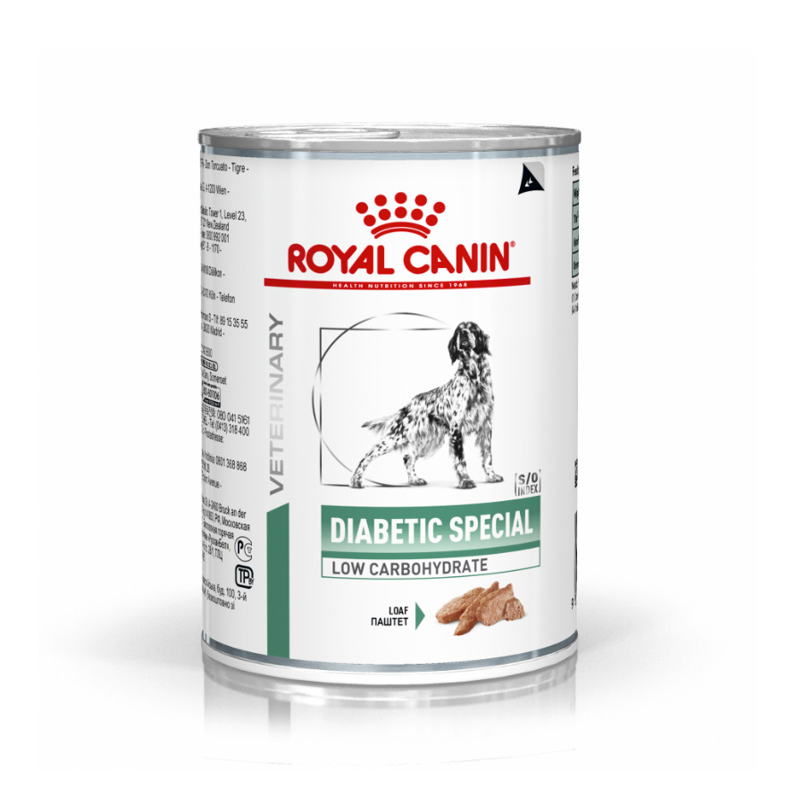 Ração Royal Canin Veterinary Diabetic em lata para cães.