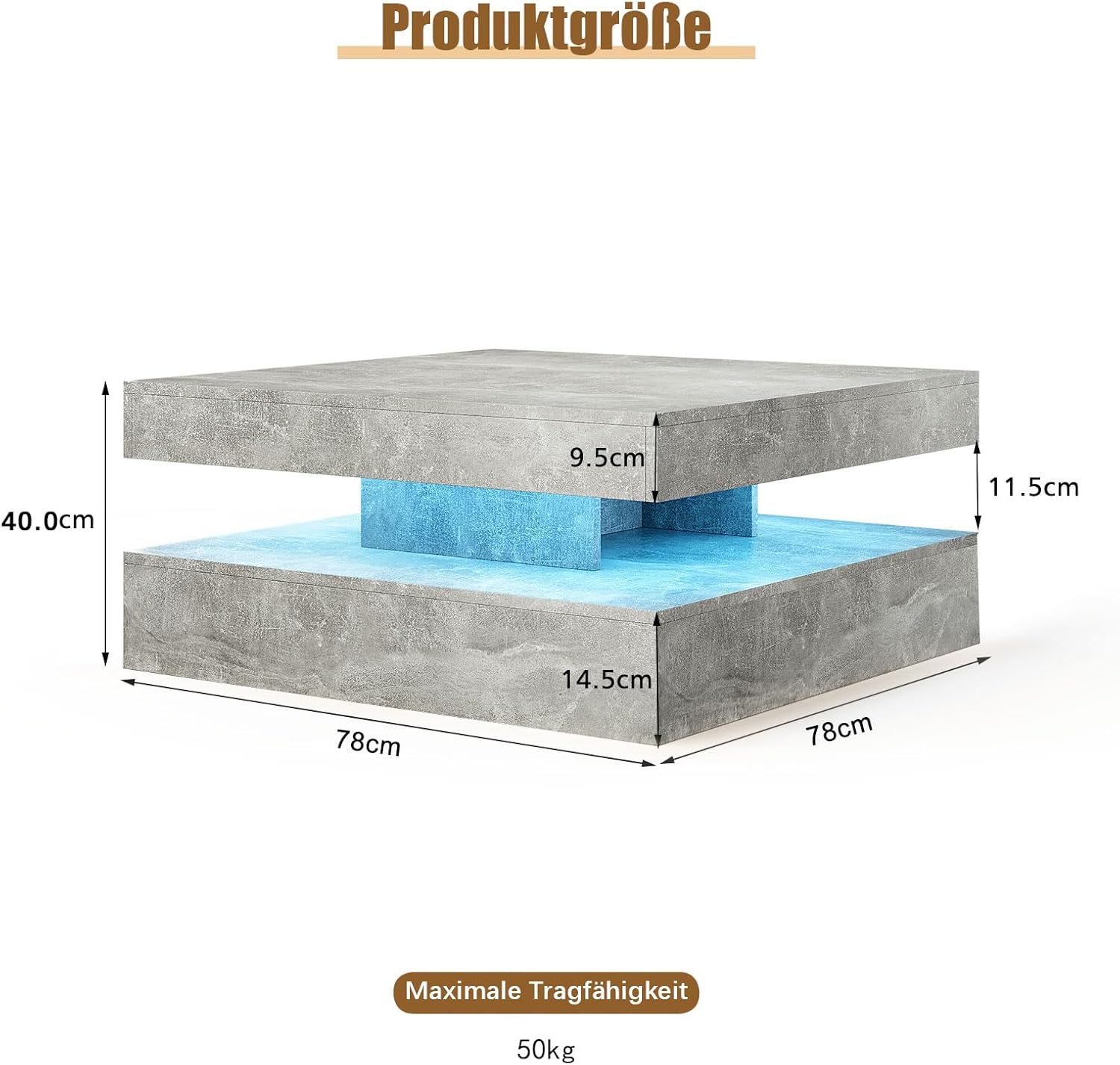 Couchtisch Wohnzimmertisch grau Matt, Sofatisch mit LED Beleuchtung modern für Wohnzimmer, 78 x 78 x 40 cm (Grau)