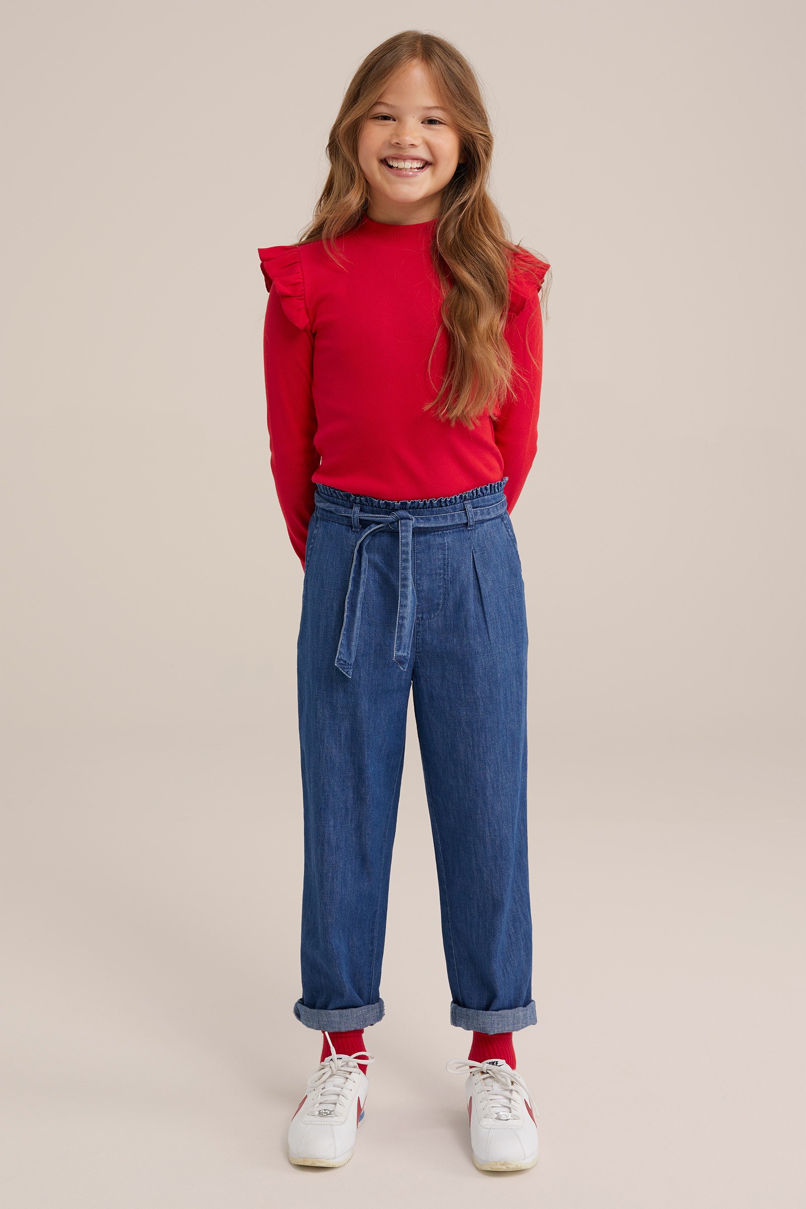 Meisjes geribd T-shirt met ruches WE Fashion Rood