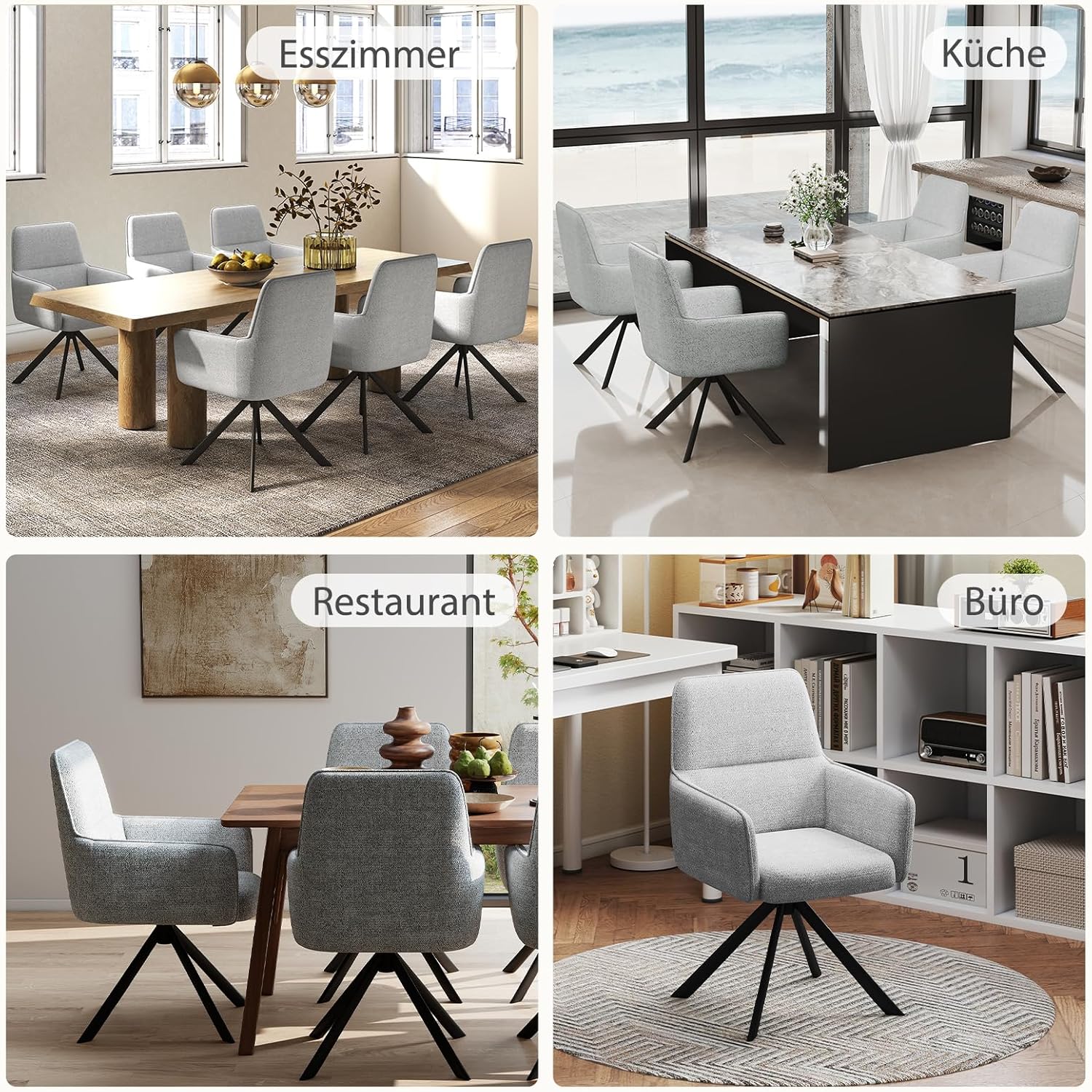 Esszimmerstühle Drehbar mit Armlehne 2er Set, 360°Drehbar Polsterstuhl Küchenstuhl aus Chenille, Stühle Esszimmer Schminkstuhl mit Metallbeine für Esszimmer Küche Schlafzimmer, Hellgrau