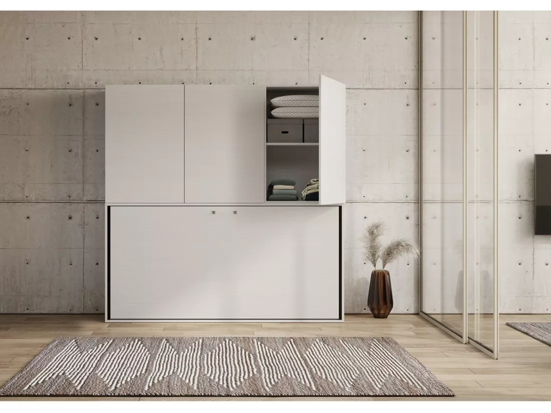 Lit escamotable horizontal blanc Bounto 85x185 avec rangement et bibliothèque composition D-1 matelas 85x185