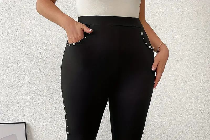 uliaque - Plus Size Hoge Taille Effen Faux Pearl Leggings