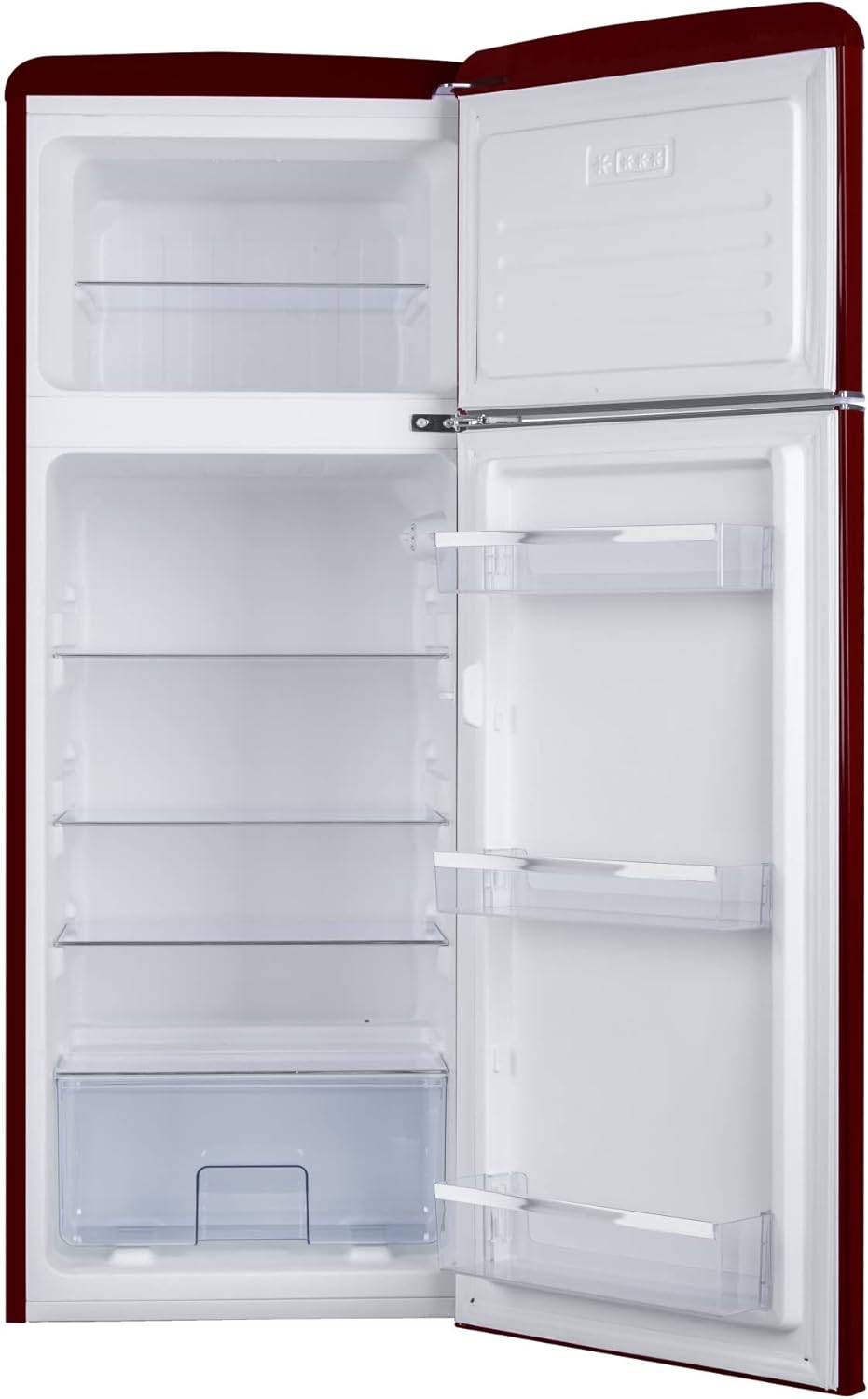 Amica KGC 15631 R Retro Kühl-/Gefrierkombination / Wine Red (Weinrot) / 144cm (H) x 55cm (B) x 62cm (T) / Retro-Design / Kühlschrank mit Gefrierfach