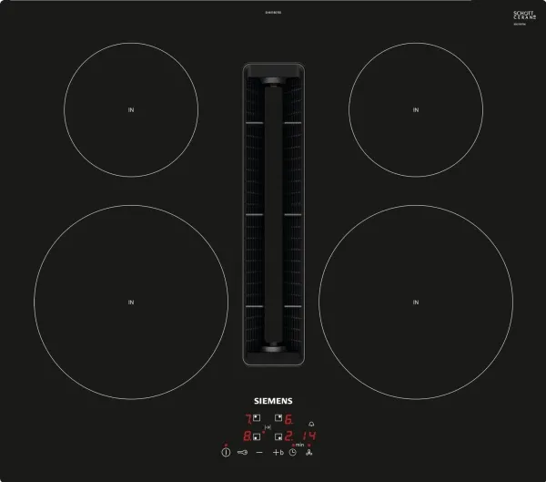 Siemens iQ300 EH611BE15E - Induktions kogeplade - 4 plader - Niche - bredde: 56 cm - dybde: 49 cm - Klasse B - rammeløs - sort med downdraft-udstødning (ekstraktion og recirkulation med ekstra ekstraktion og recurkulationssæt)