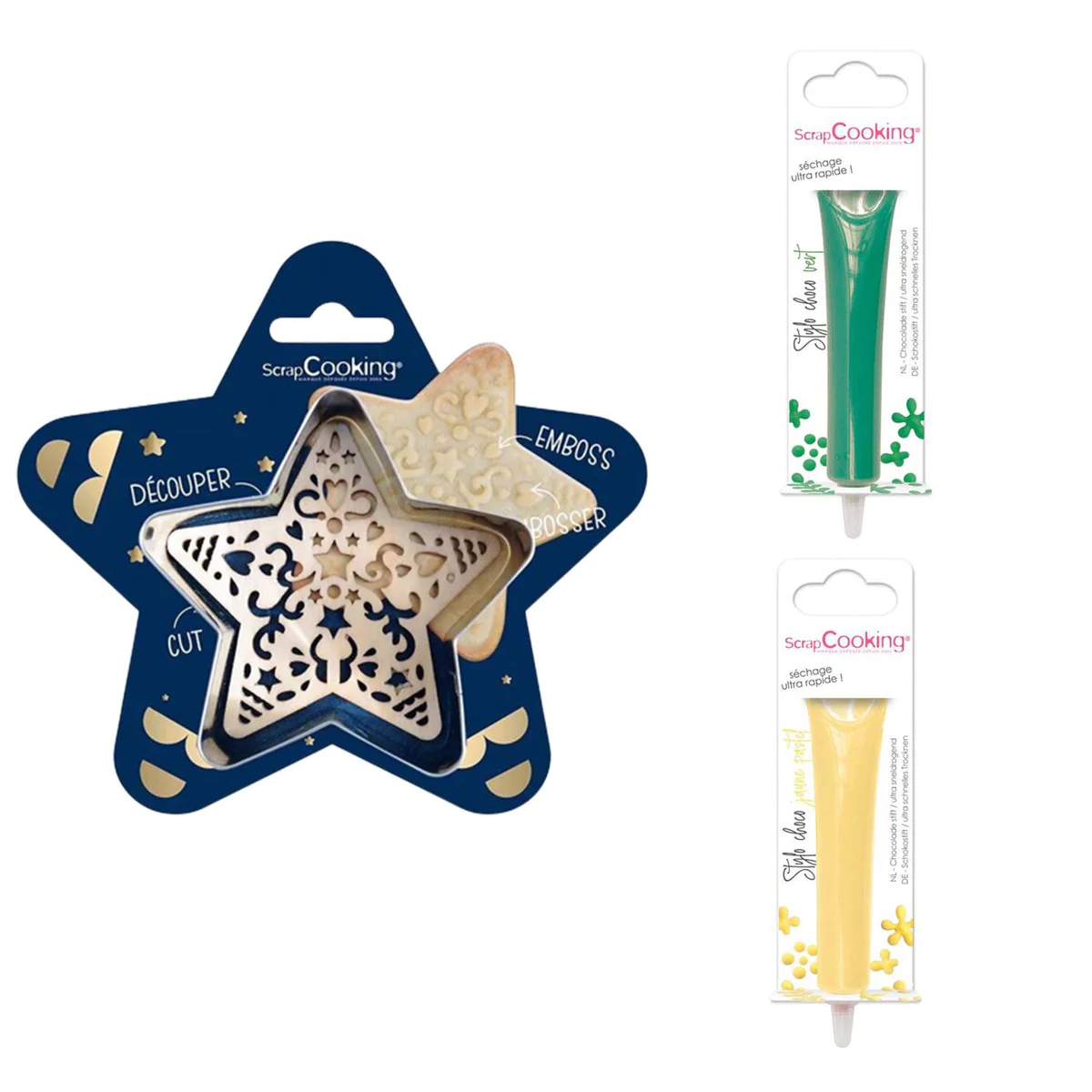 Kit pour biscuit en relief Étoile + 2 Stylos au chocolat vert et jaune