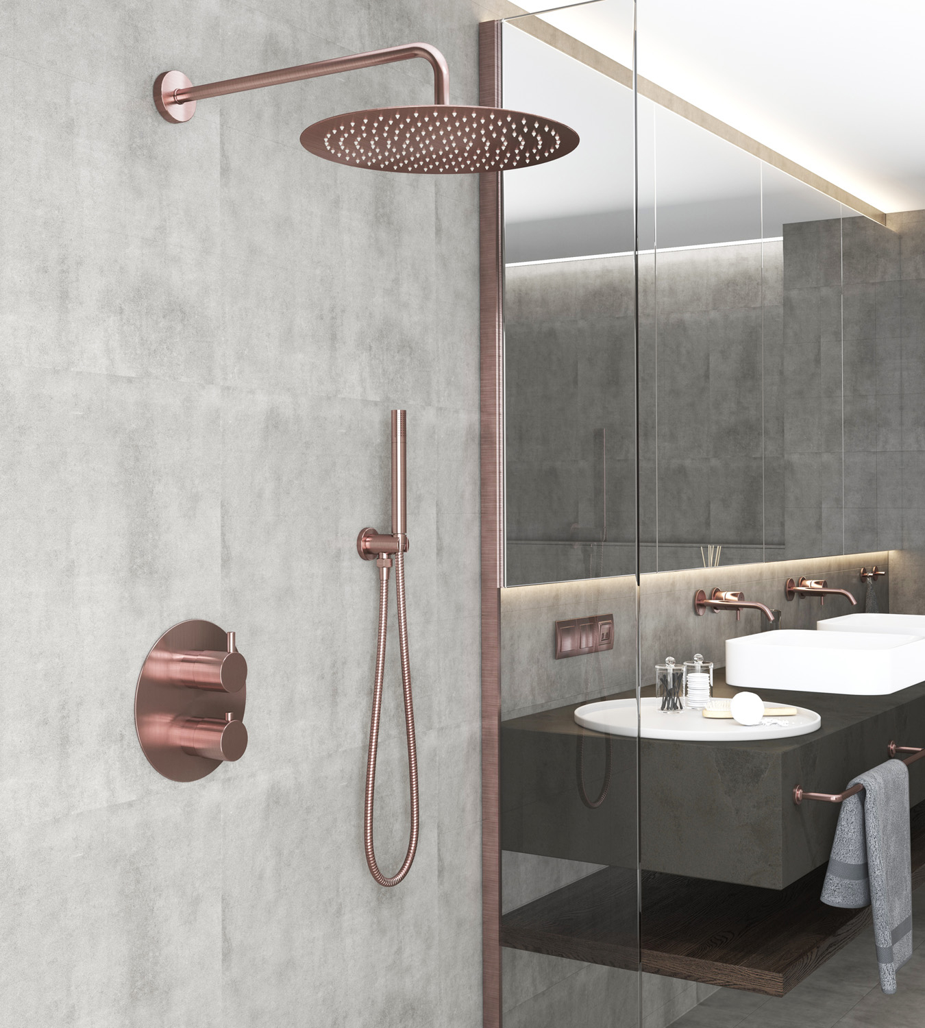 Saniclear Copper inbouw regendouche rond met 20cm hoofddouche en muurarm geborsteld koper
