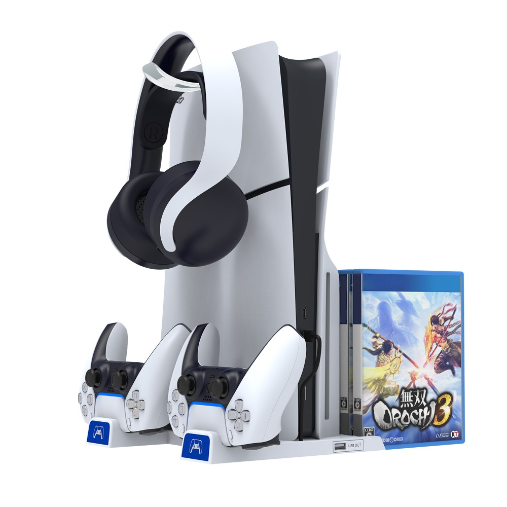 Sony PlayStation PS5 Slim Halterung mit Controller Dual Ladestation   USB A / Disk Ständer / Headset Halterung - Weiss