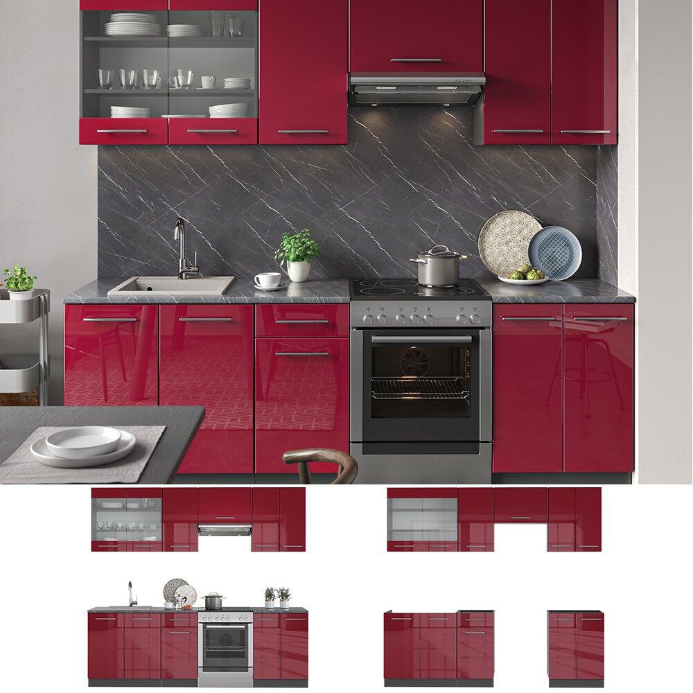 VICCO Küche Fame-Line Küchenzeile Küchenblock Einbauküche 240cm Bordeaux Hochglanz