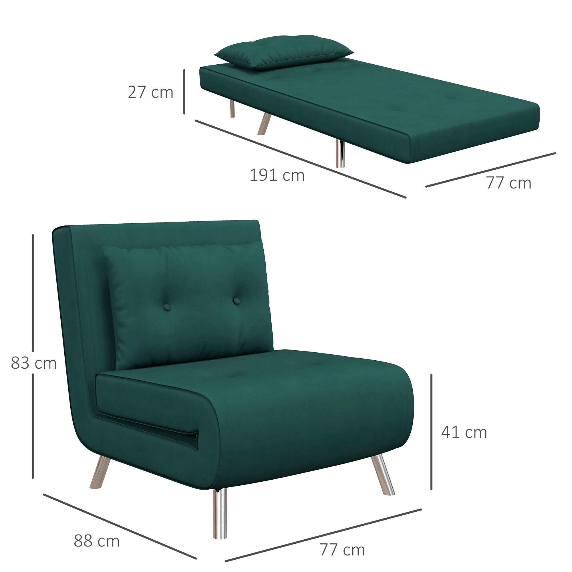HOMCOM Schlafsessel mit 3 Verwendungmöglichkeiten grün 77L x 88B x 83H cm