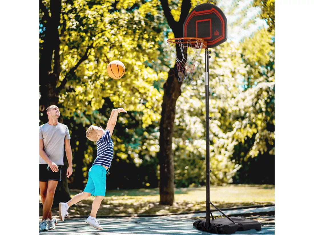 Panier de Basket-Ball sur pied avec poteau panneau - base de lestage sur roulettes - hauteur réglable 5 niveaux 2,45-2,95 m - acier HDPE noir rouge