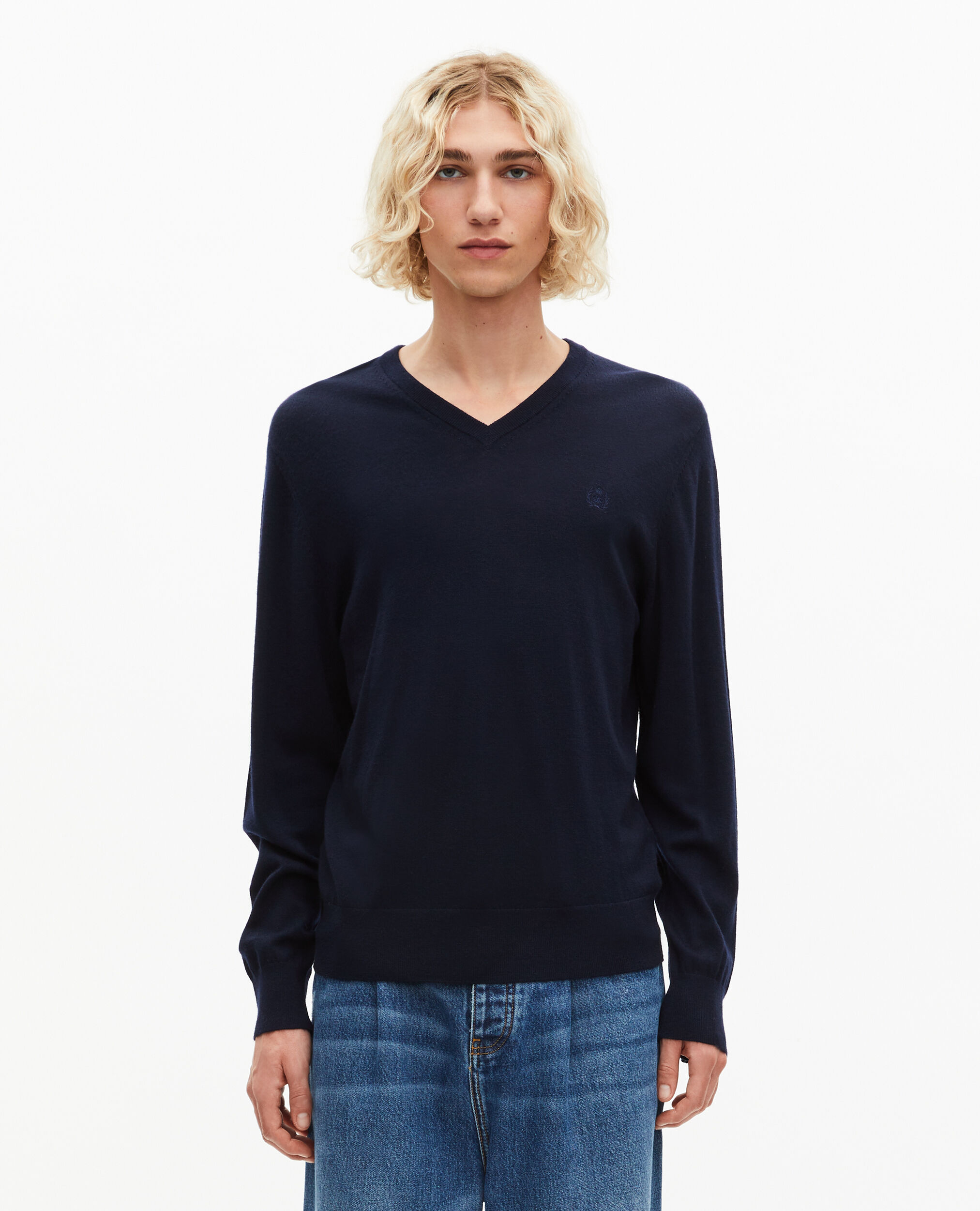 Pull col V en laine mérinos marine