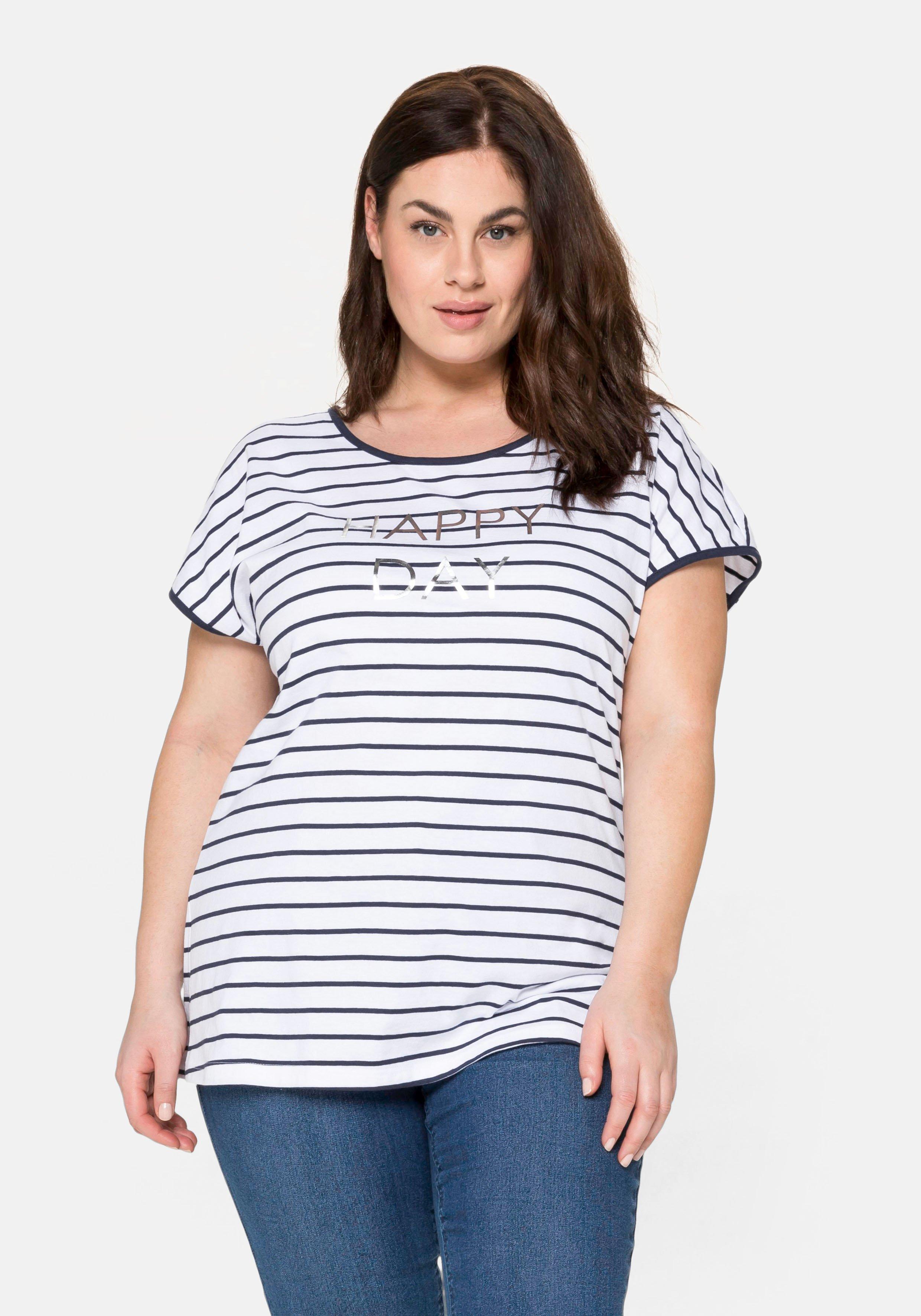 T-Shirt mit Ringeln und Statement-Foliendruck