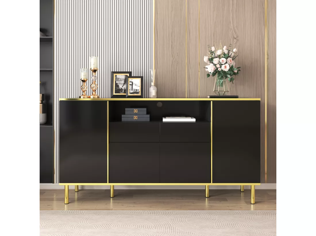 Buffet avec 4 portes et 2 tiroirs en panneaux de particules - leds - noir brillant