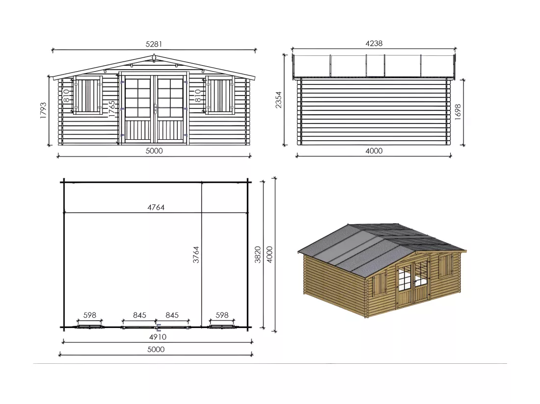 Abri de jardin en bois - 20m2 - 5x4m - Traité - Ep. 28mm - Couleur: marron - DOM439 - ALTANKA