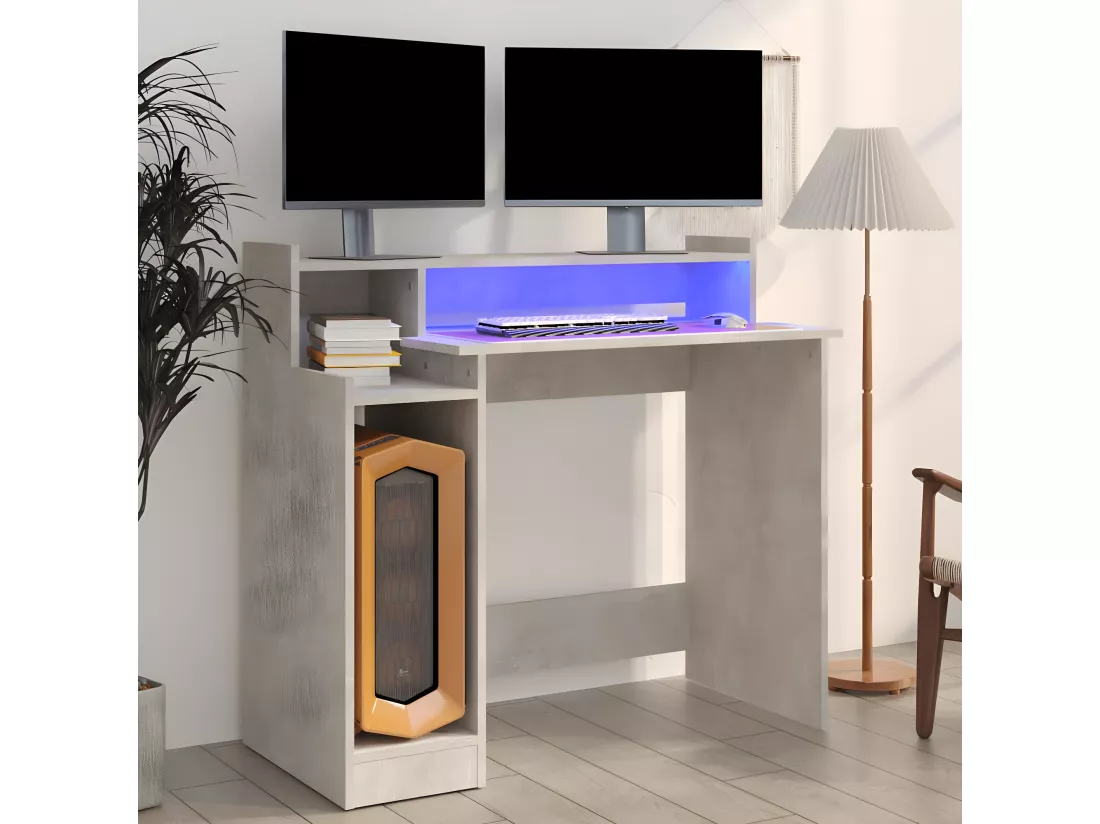 Bureau et lumières LED Gris béton 97x45x90 cm Bois d'ingénierie