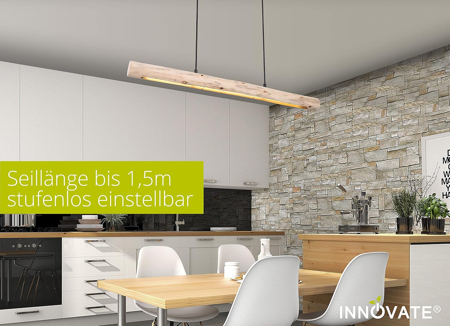 INNOVATE LED Pendelleuchte Holz 3 Stufen dimmbar ohne Dimmer – 120cm breite Hängelampe Holzbalken Rustikal - 3000K warmweiß Pendellampe Alu schwarz – 3 Step Dim Retro Hängeleuchte