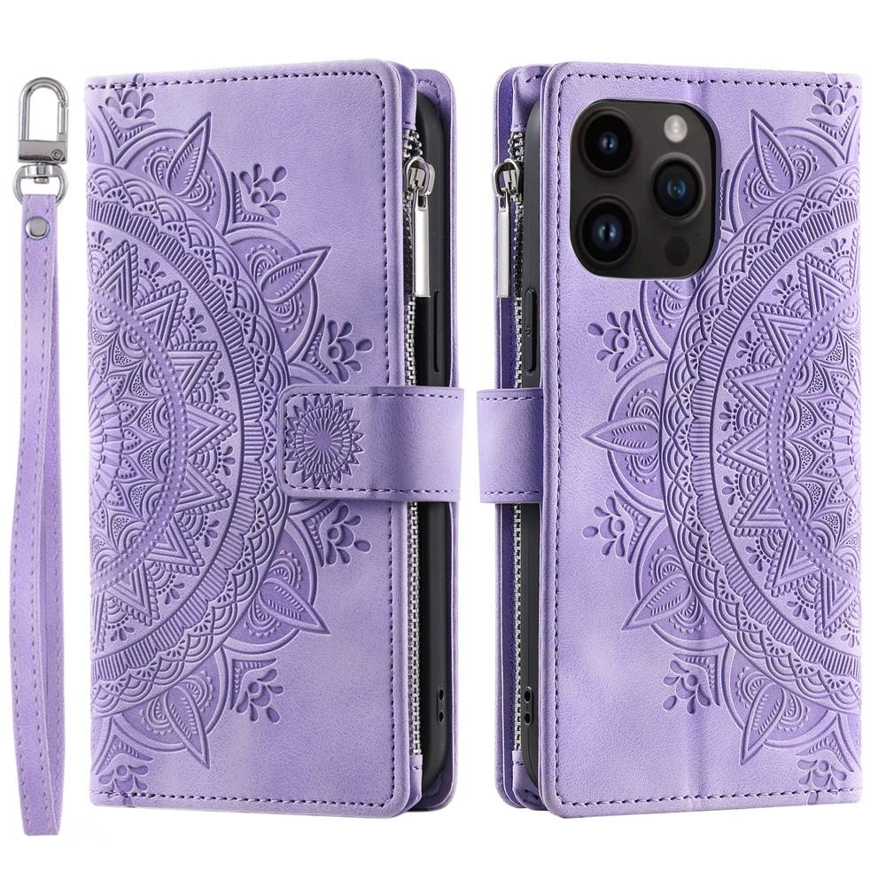iPhone 16 Pro Leder Tasche Flip Cover mit Reissverschluss - Mandala Flowers Imprint - Lila