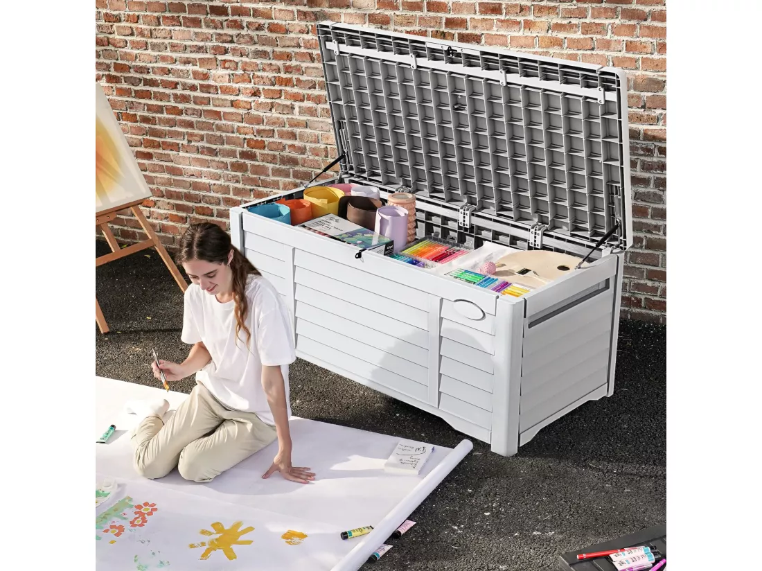 YITAHOME Grande Boîte de rangement de jardin - 450 L - Verrouillable avec Couvercle - Blanc - 141 x 66,8 x 59.9 CM