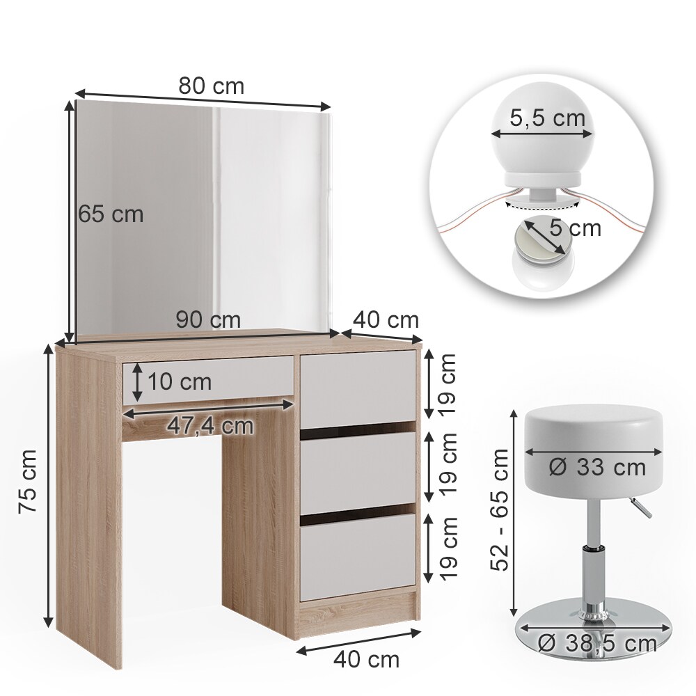 Vicco Schminktisch Sherry Sonoma Weiß, 90 x 75 cm, Spiegel, LED & Hocker, modern
