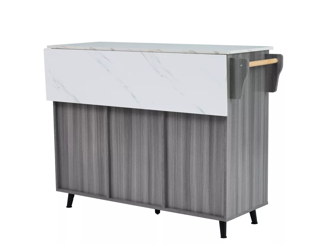 Ilot central de cuisine mobile - Plateau extensible - 2 tiroirs + portes d'armoire de rangement - Gris
