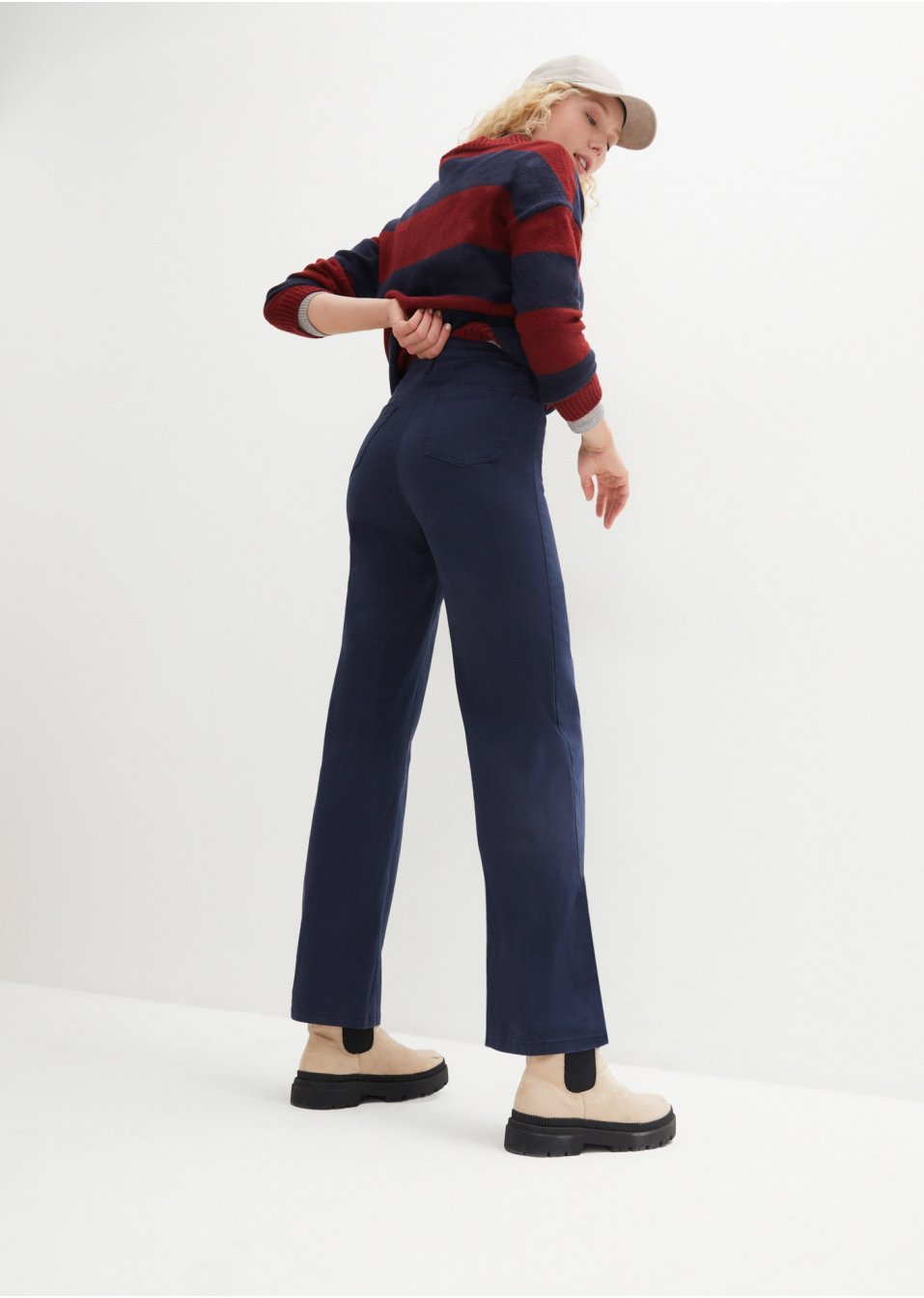 Pantalon en coton extensible, taille haute, jambes larges