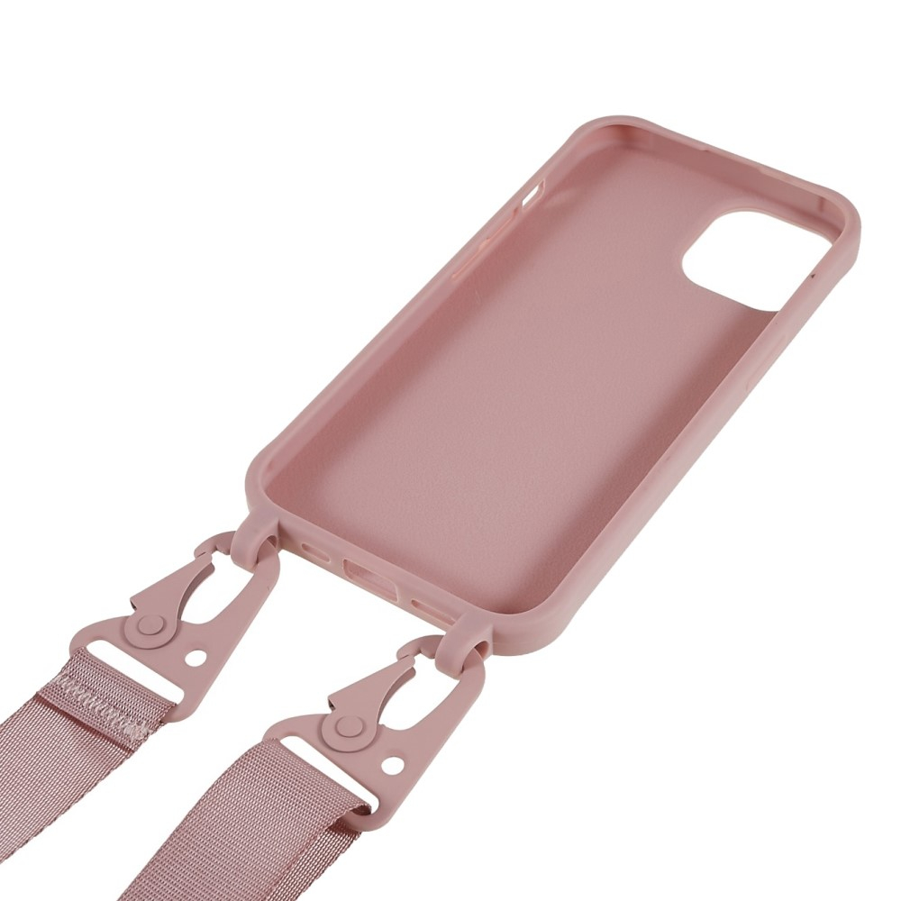 iPhone 14 Necklace Gummi Case Hülle   Handykette Nylon Strap (160cm) - Sandrosa