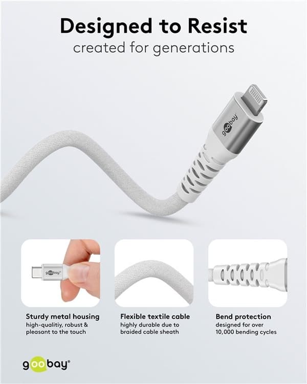 Goobay Lightning-USB-C™ supermyk tekstilkabel med metallkontakter, 3 m, hvit MFi-sertifisert, elegant og ekstra robust lade- og synkroniseringskabel f