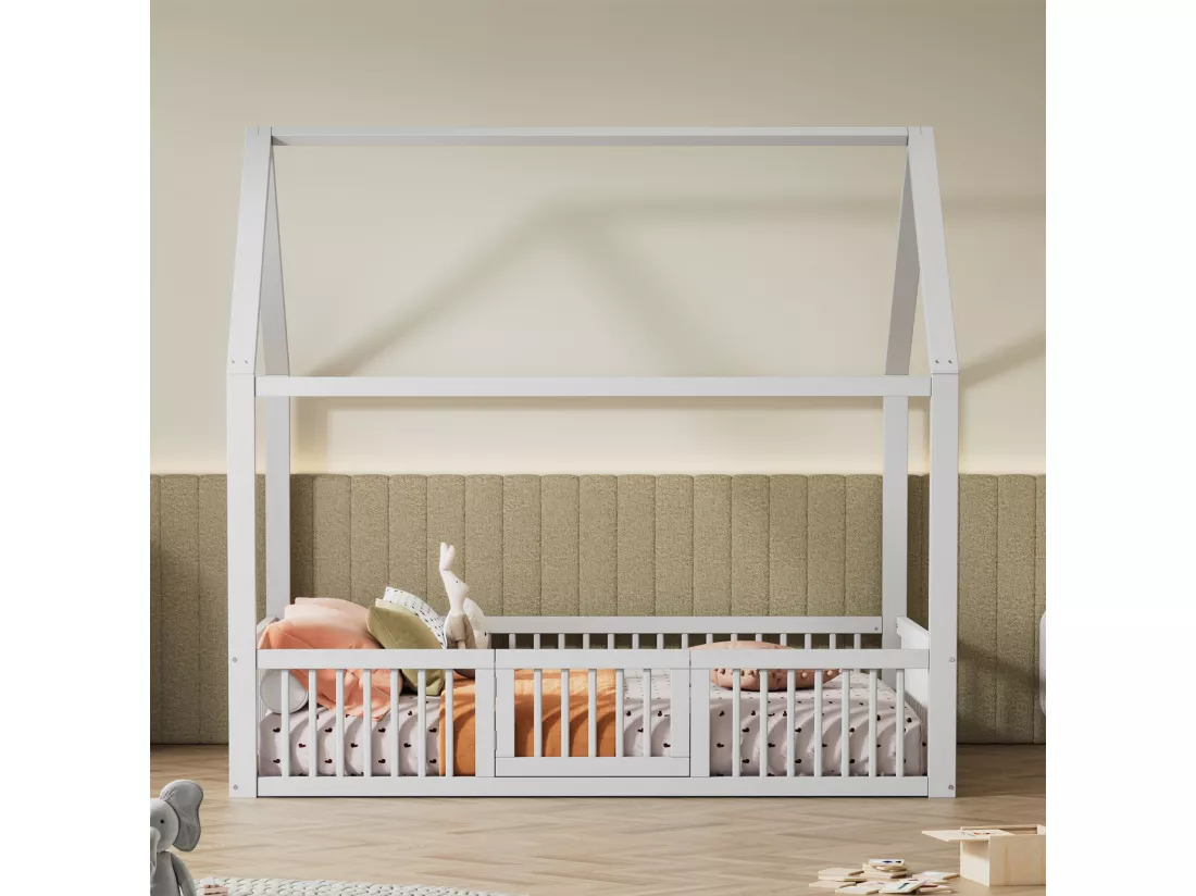Lit cabane pour enfant ou bébé - 140 x 200 cm - barrières et porte - sommier à lattes inclus - bois blanc