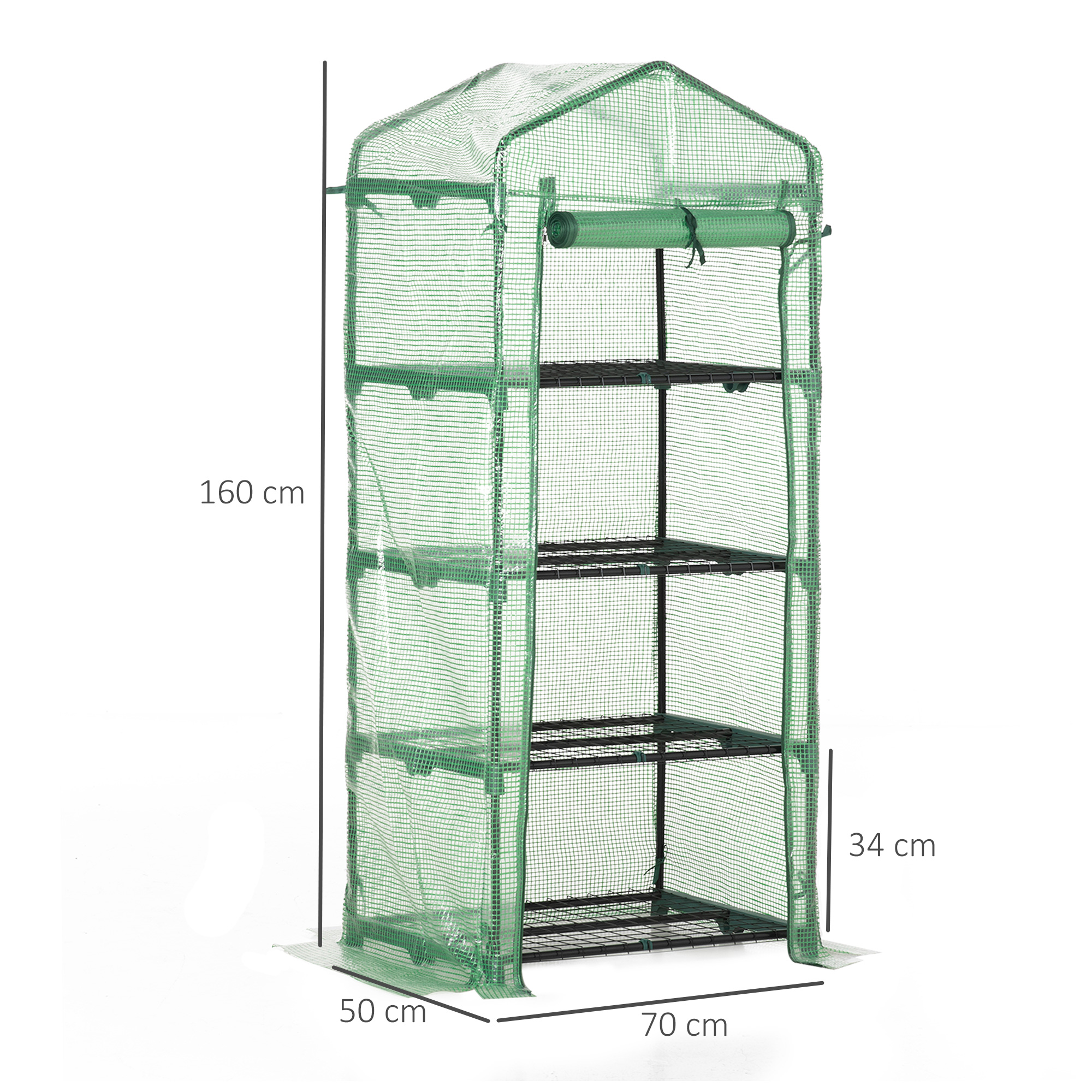Estufa de jardim Outsunny com 4 prateleiras e cobertura de PE, tipo galpão com estrutura tubular de aço, ideal para cultivo de plantas, flores e vasos, 70x50x160 cm, verde.
