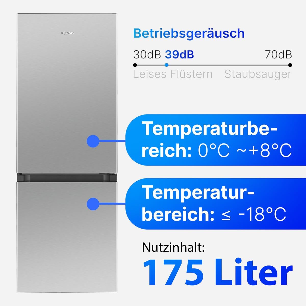 Bomann® Kühlschrank mit Gefrierfach | Energieklasse E | 143cm | Kühl Gefrierkombination leise 39 dB | 3 Ablagen & 3 Schubladen | Türanschlag wechselbar | 175L Kühlgefrierkombi | KG 320.2 inox
