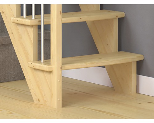 Pertura Filia grenen trapboom, onbehandeld, recht, 65 cm, 12 treden / 13 stootborden, balusterleuning