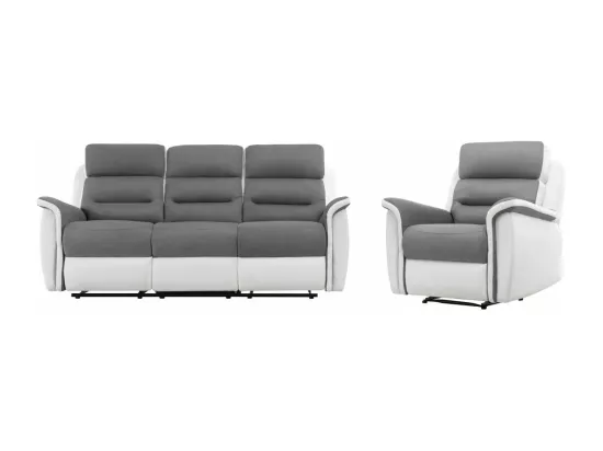 Canapé relax 3 places et 1 fauteuil Léon en PU Blanc et MF Gris - Loungitude