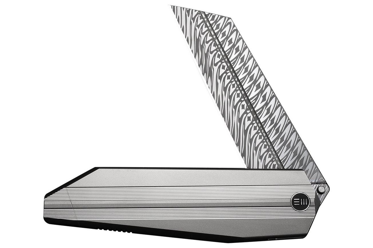 WE Knife Collinear WE22034D-DS1 Fafnir Damasteel, Polished Bead, Blasted & Satin Titanium, zakmes
