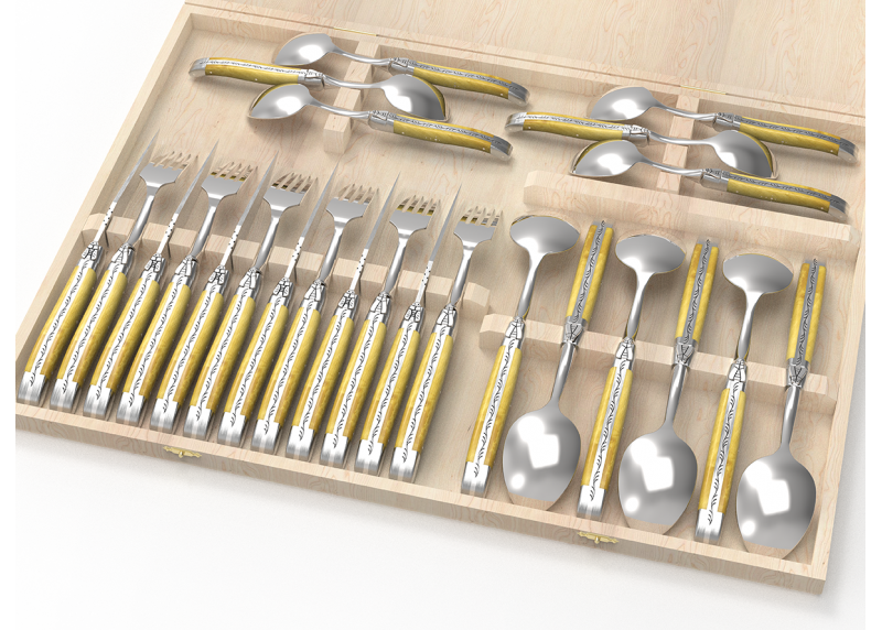 Service Laguiole de 24 pièces avec un manche en buis et mitres en acier inoxydable