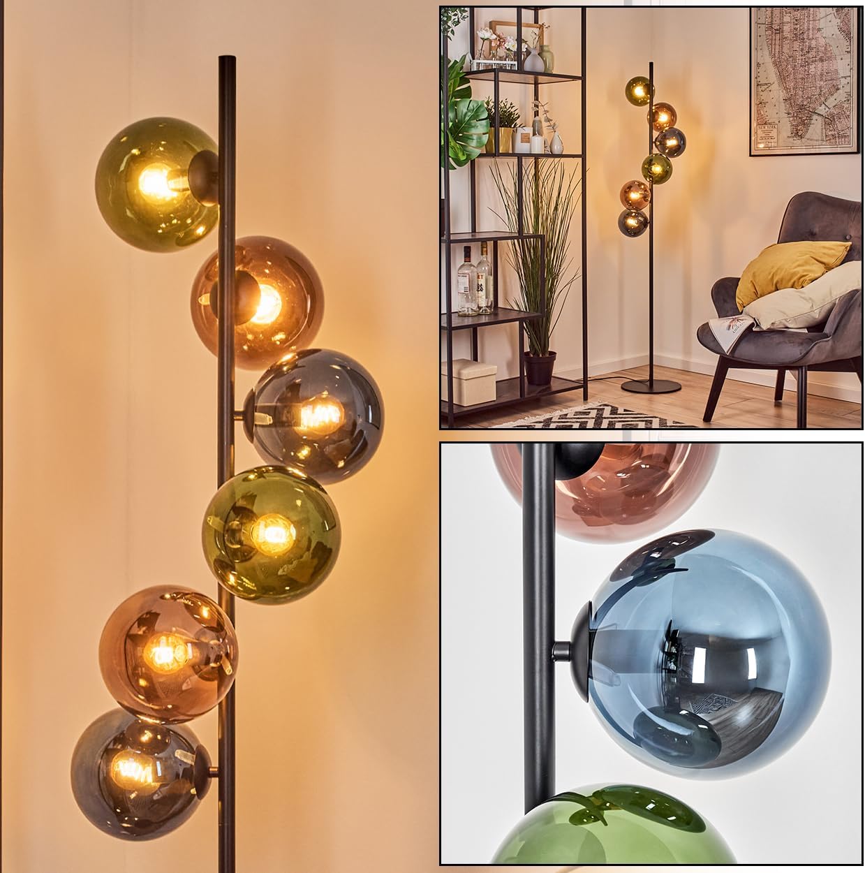 HOFSTEIN Stehleuchte Gastor, Stehlampe aus Metall/Glas in Schwarz/Blau/Grün/Kupfer, Leuchte im Retro/Vintage-Design (Ø Schirme 15 cm), Fußschalter, 160 cm, E14, Wohnzimmer, Schlafzimmer, Flur, Büro