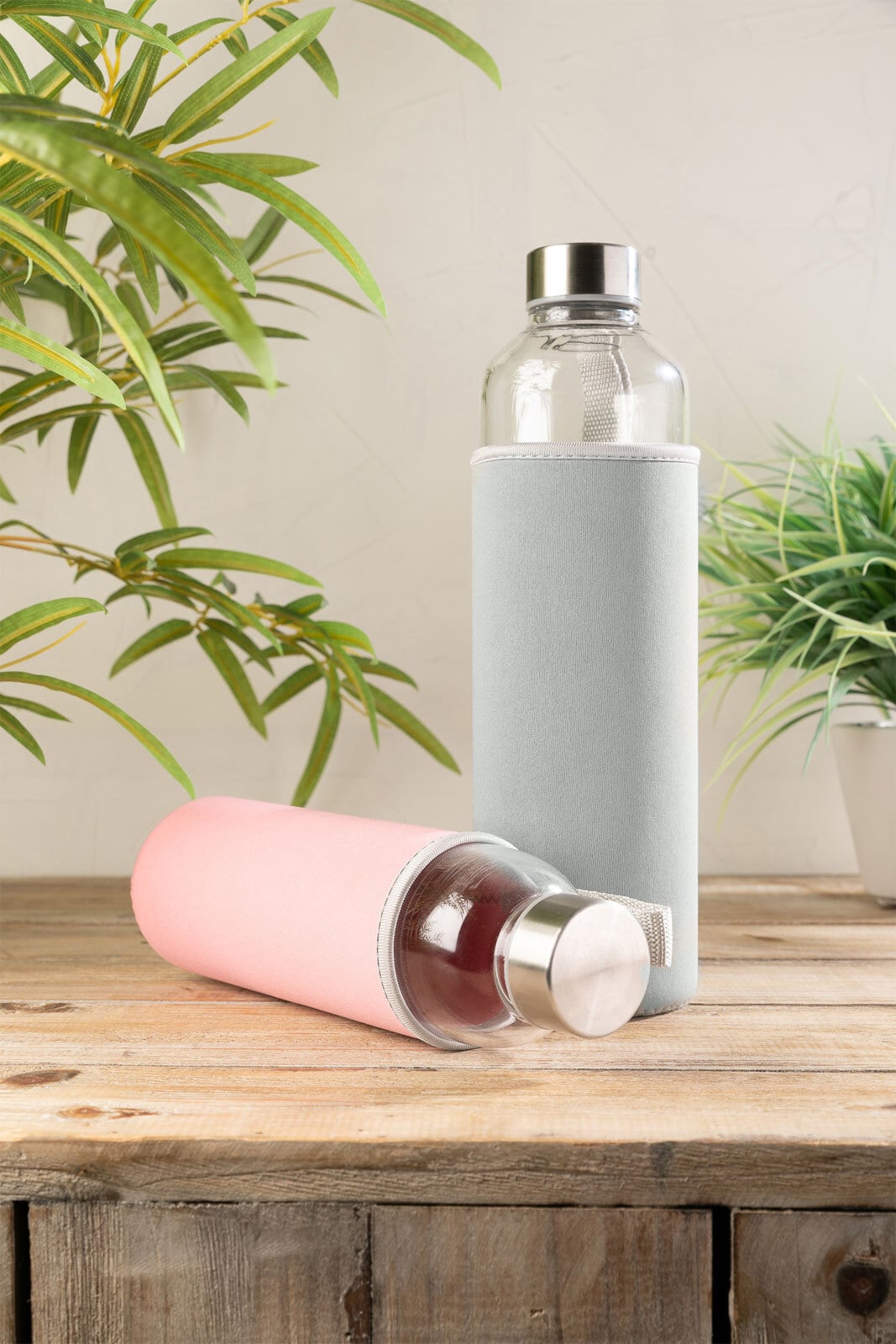 Trinkflasche mit Thermohülle 1000ml Neopren grau/Borosilikatglas