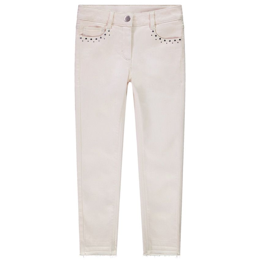 Jean slim uni en denim avec rivets décoratifs pour fille - Ecru