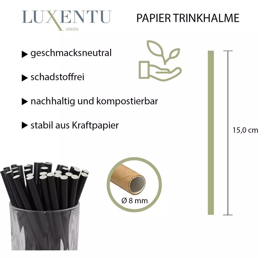 Luxentu Papier-Trinkhalme Cocktail 15 cm 100er Set schwarz
