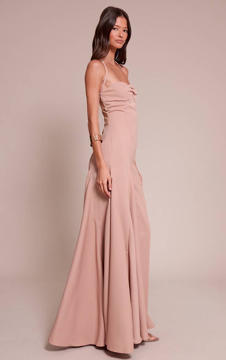 Taupe Robe Longue Tissée À Encolure Américaine Avec Détail Froncé Au Buste